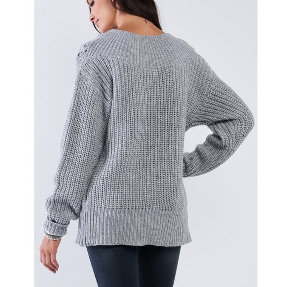 Boho Gray Lace Up Front Cable Knit Sweater Tunic - Picture 4 of 5